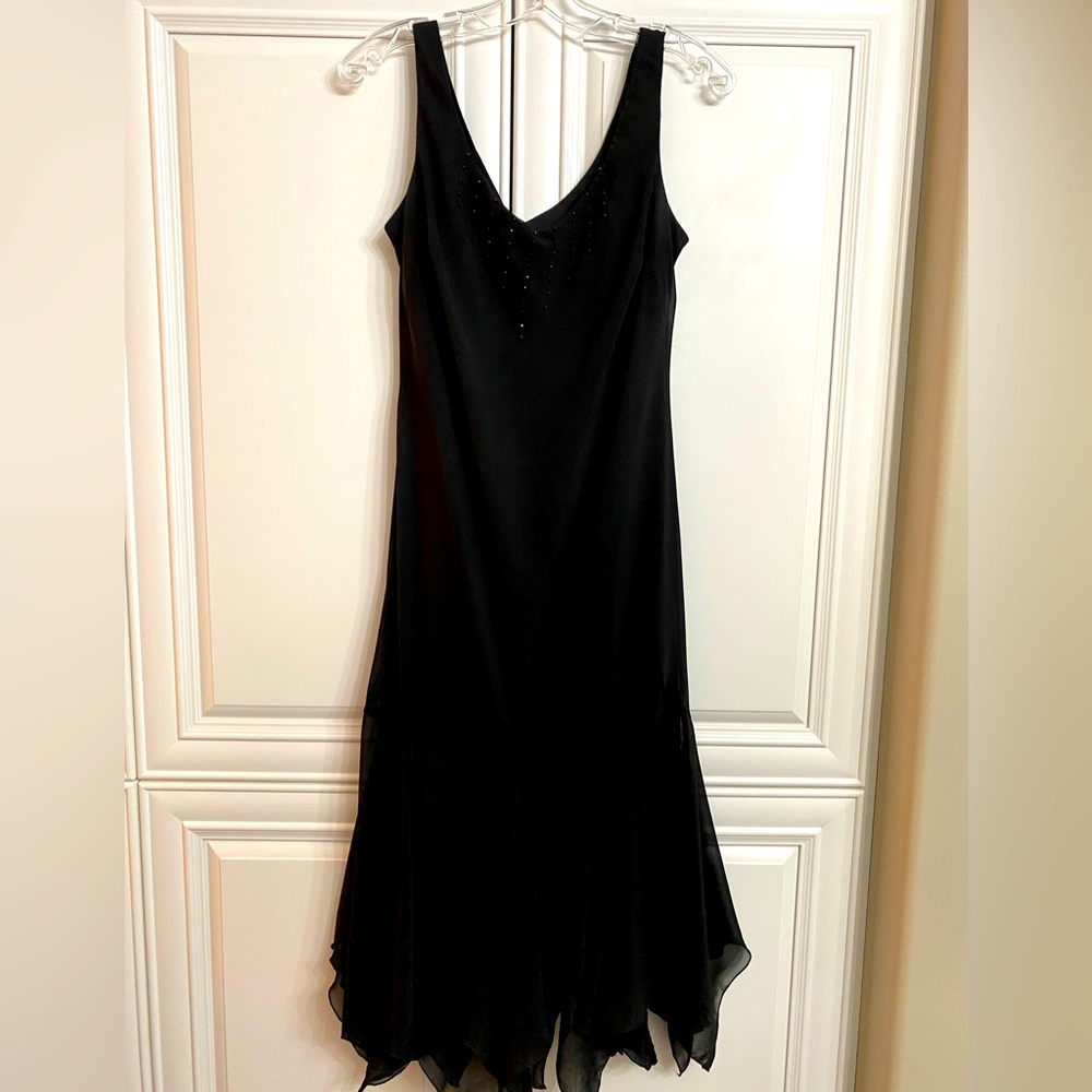 S.L.Fashions Sz 14 Long Formal Sleeveless Black Dress Beaded Neck Chiffon Bottom